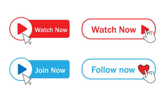 Set of Play Button and Call to Action Icons – Watch Now, Join Now, Follow Now Buttons with Cursor Click