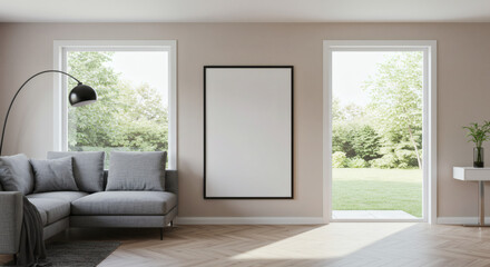 Fototapeta premium Modern Living Room with Sectional Sofa, Arc Lamp, and Blank Frame Facing a Lush Green Backyard Through Large Windows
