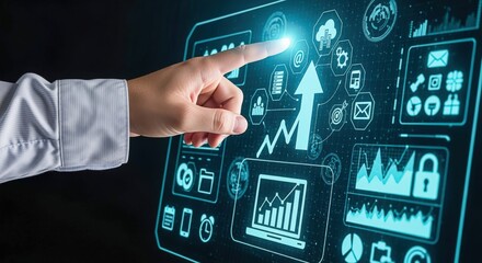 Digital Transformation Concept: Hand Touching Interactive Screen Displaying Data, Analytics, and Cloud Computing Technology