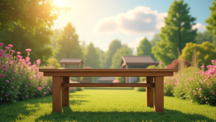 Naklejka premium A Large Empty Sturdy Wooden Table with a Smooth Weathered Finish in a Rustic Setting