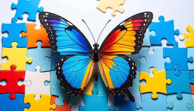 Colorful butterfly on a scattered puzzle