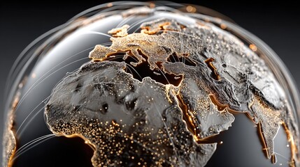 A detailed, 3D globe, highlighting continents with metallic textures and illuminated pathways