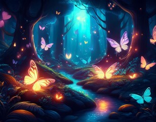 Obraz premium enchanted forest with glowing butterflies