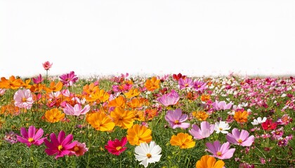 vibrant field of colorful cosmos flowers in full bloom isolated on white background