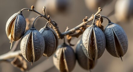 Dried seed pods on a branch in soft sunlight