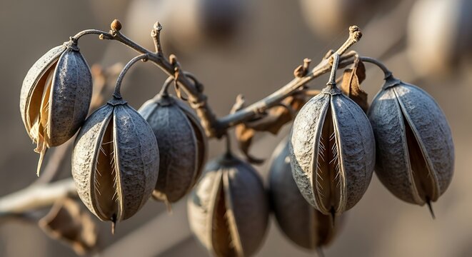 Dried seed pods on a branch in soft sunlight