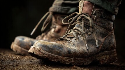 Muddy work boots on dirt