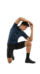 Sports Athletes - Young man in athletic wear stretching with one knee on the ground, fitness training and flexibility exercise, perfect for workout and sports themes