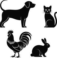 Domestic animals silhouette vector, dog, cat, rooster, rabbit illustration, pet and farm animal icons, black and white design