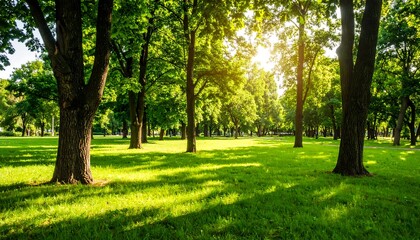 Naklejka premium Sunny park with lush green trees