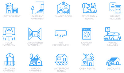 Vector set of linear icons related to rental properties, housing, amenities  for use in real estate websites, mobile apps, housing market presentations, infographics - part 2