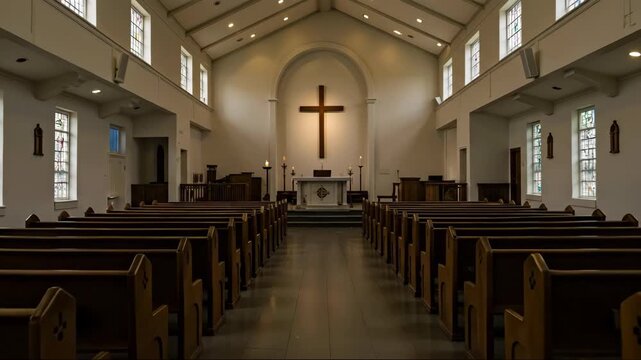Empty church interior wooden pews cross altar peaceful sacred atmosphere. Religious worship spiritual concept. Religious services church events wedding ceremony banner