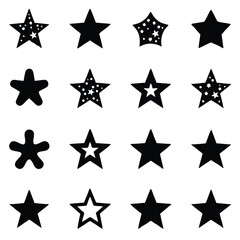 Collection of Sixteen Black Star Shapes on White Background