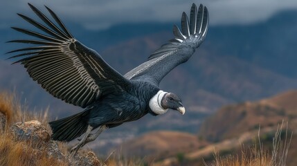 Naklejka premium Andean Condor in flight, wings outstretched, over mountainous terrain