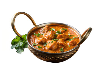 A bowl of chicken tikka masala with parsley garnish on a white background view