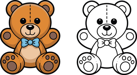 Teddy bear coloring page, colored and outline plush toy, cartoon bear clipart, kids activity graphic, nursery art, vector illustration, educational design element.