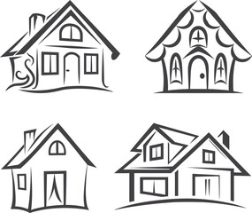 House vector icon illustration, simple black and white line art, minimalist home symbol, clean architectural design for real estate, construction, and property projects