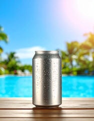 Obraz premium A can of soda is sitting on a pool