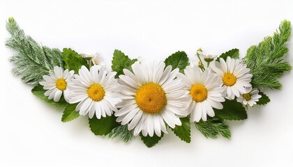 Obraz premium beautiful garland of daisies and green leaves isolated on white background