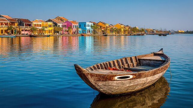 Picturesque Hoi An, Vietnam: Traditional Boat on Thu Bon River with Colorful Architecture