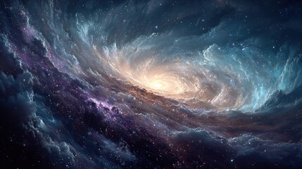 A swirling nebula, with vibrant clouds of light-blue, gray, and purple,  spiraling around a central, bright core