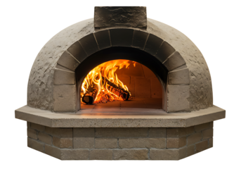 Authentic brick pizza oven with fiery flames inside ready for cooking delicious pizzas outdoors transparent background