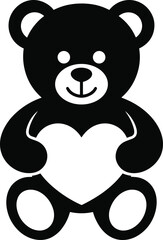 Teddy bear holding heart, black and white illustration, cute plush toy, love symbol, nursery art, Valentine design, affectionate gift, vector graphic, minimal style.