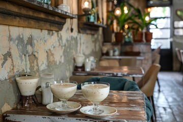Two glasses of creamy rice pudding served on a rustic wooden table in a charming cafe, creating a cozy and inviting atmosphere