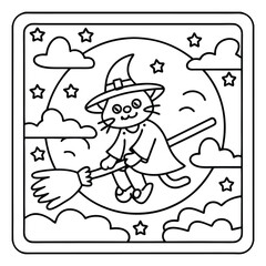 Halloween Vibes Coloring Page &ndash; Spooky and Cute Halloween-Themed Printable for Adults and Kids, Haunted House, Pumpkins, Ghosts, and Bats Line Art