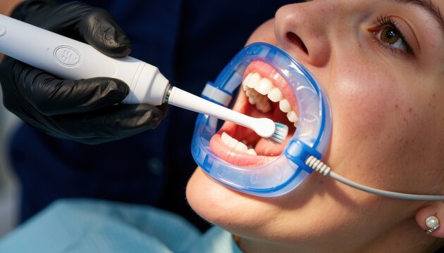 Dental cleaning procedure dental clinic health care indoor close-up view oral hygiene awareness