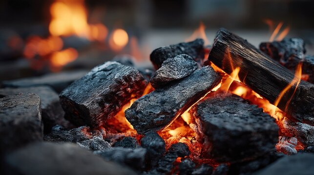 Close-up of burning coals and flames in a fire pit
