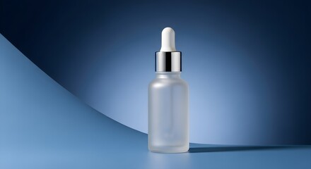 A frosted dropper bottle of facial serum stands against a blue background, perfect for use in skincare branding, eco-packaging design, beauty ads, or wellness visuals