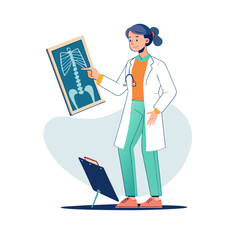 Female Doctor Sketching Human Bones on Floating X-Ray Sheet | Medical Professional Art Concept | Healthcare Anatomy Illustration Vector