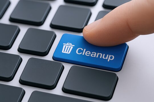 Finger pressing cleanup button on computer keyboard illustrating data cleaning and system maintenance concept