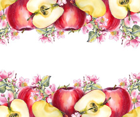 Watercolor horizontal frame with red apples, slices, and pink apple blossoms in botanical style. Ideal for food packaging juice labels eco branding wedding stationery and seasonal product promotions.