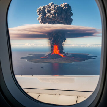 Fototapeta A massive volcanic eruption with a huge ash cloud is seen from an airplane window over the ocean.  