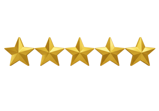 Five golden stars shining brightly achieving perfect customer satisfaction and high quality performance transparent background