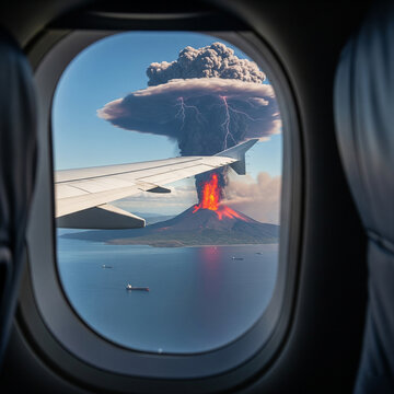 Fototapeta A massive volcanic eruption with a huge ash cloud is seen from an airplane window over the ocean.  