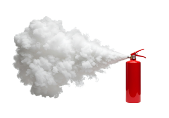 Red fire extinguisher discharging dense white smoke and firefighting agent on a transparent background