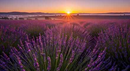 Lavender field at sunrise with golden light and rolling hills