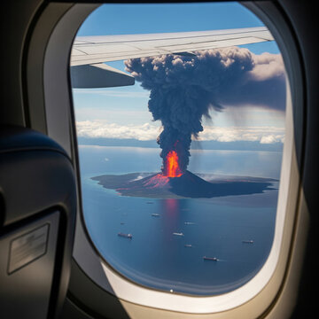 Fototapeta A massive volcanic eruption with a huge ash cloud is seen from an airplane window over the ocean.  