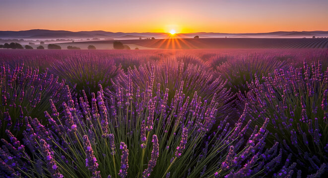 Lavender field at sunrise with golden light and rolling hills