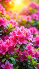 Vibrant bright pink azalea flowers in full bloom under warm sunlight