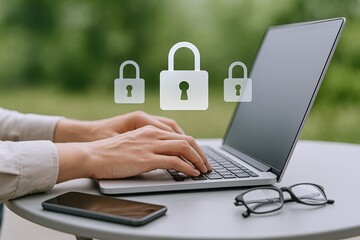 Online Security Concept: Person Using Laptop with Padlock Overlay, Protecting Data and Privacy
