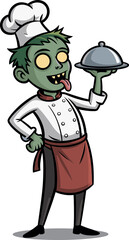 Cartoon zombie chef with serving dish, green-skinned undead in apron and hat, funny horror cooking character, Halloween illustration concept