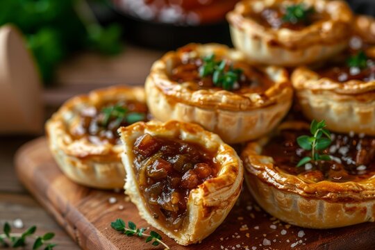 Savory mini beef pies garnished with fresh thyme, showcasing flaky puff pastry and rich filling, arranged on a rustic wooden board - Powered by Adobe