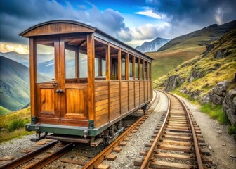 Old wooden train carriage on a mountain track