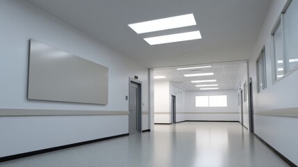 Obraz premium Cleanroom entrance hallway features diffused light illuminating space, with smooth white walls and polished floor. design emphasizes simplicity and functionality, creating serene atmosphere
