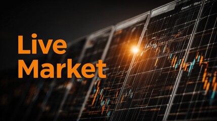 Close-up of multiple screens displaying stock market data, with the words "Live Market" prominently displayed
