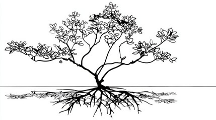 Simplified Clean Lines Sketch Depicting a Mangrove Tree with Three Branches and Limited Root System on White Background